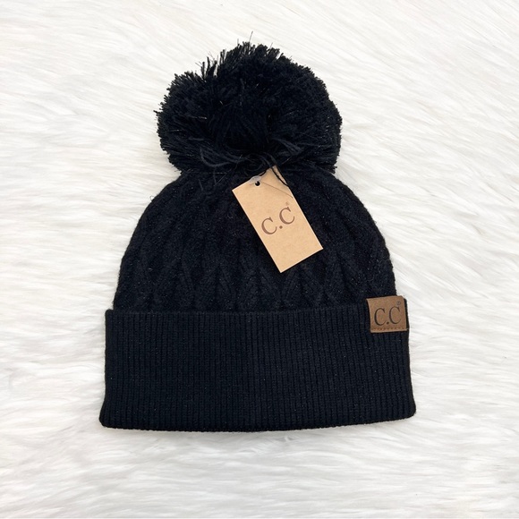 C.C Lurex Cable Knit Pom Beanie for Adults, Winter Hat, Soft Beanie, Warm Hat - Picture 2 of 5